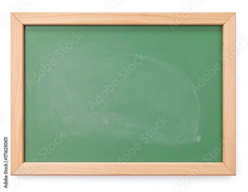 Empty green chalkboard in a light wooden frame