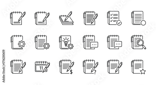 Hand drawn document and writing icons set for business and education applications vector
