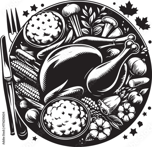 silhouette black and white Thanksgiving dinner plate with roasted turkey leg , mashed potatoes, vegetables