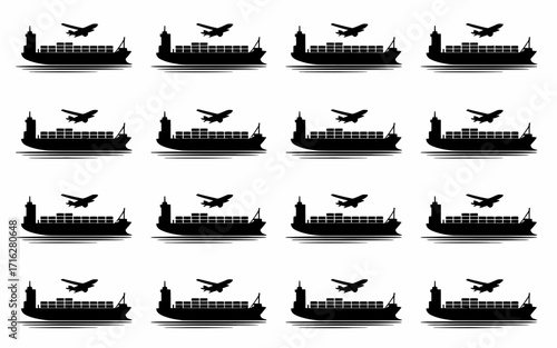 Vector art of silhouettes of cargo ships and airplanes