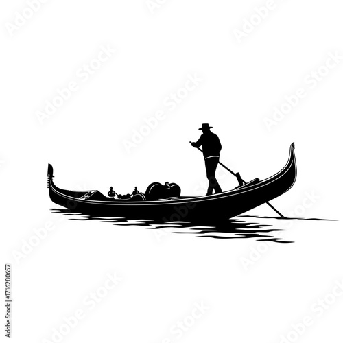 Silhouette of a gondolier in a gondola on the water, isolated on white background vector illustration