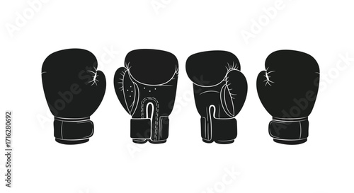 Four black boxing gloves in various orientations isolated on vector