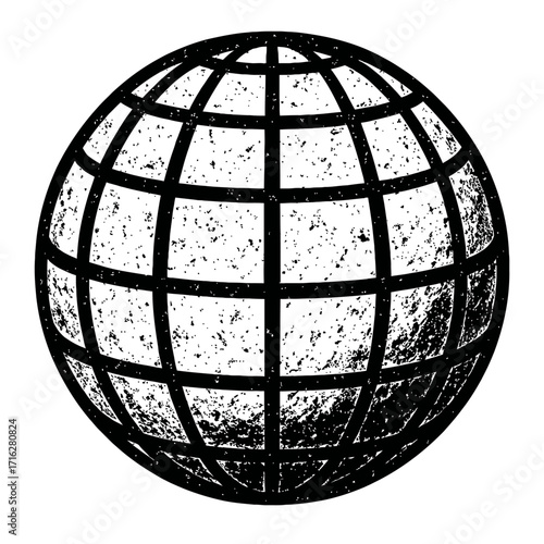 Distressed Grunge Globe Icon with Grid Pattern, Black and White Textured World Sphere, Vintage Earth Network Symbol, Retro Global Communication Web Graphic for Digital Media.