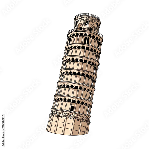 Illustration of the leaning tower of pisa isolated on white background, a famous landmark in italy