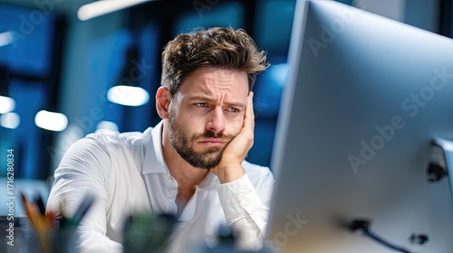 Puzzled businessman staring at computer screen in office. Male employee experiences work related stress. Concept of job fatigue and deadline pressure.