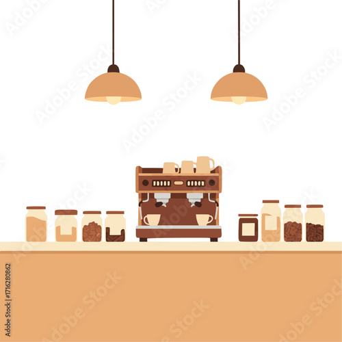Modern cafe counter with espresso machine, coffee ingredients, and warm lighting, perfect for crafting daily brews