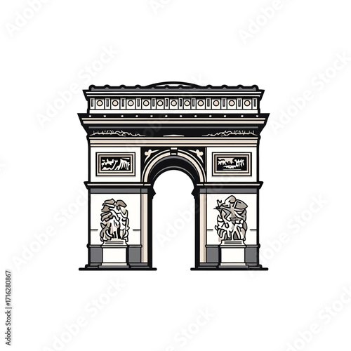 Illustration of the arc de triomphe in paris isolated on white background, a famous monument in france