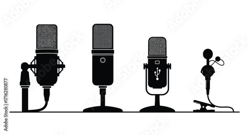 Vintage and modern microphones silhouette collection for recording and broadcasting needs vector