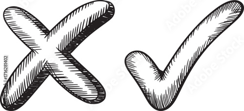 Black and white sketch style illustration of cross and checkmark pair with hand drawn hatching and cross hatching for depth and dimensional effect