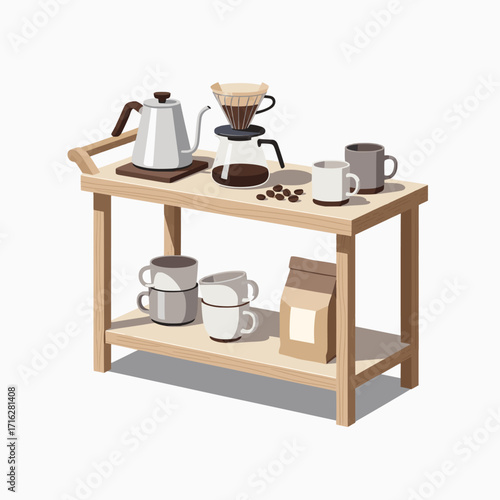 A stylish wooden cart filled with coffee brewing equipment, mugs, and a bag of coffee beans, perfect for a cozy home cafe setup