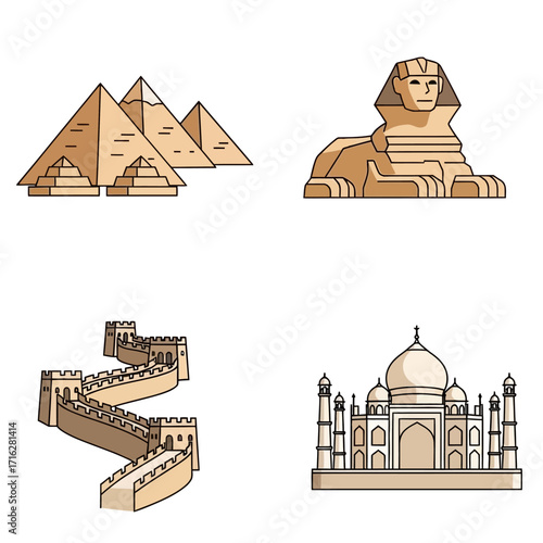 World wonders landmarks vector illustration isolated on white background pyramids of giza, great sphinx, great wall, taj mahal