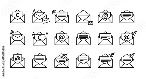 Collection of hand-drawn envelope icons featuring communication symbols and abstract elements vector