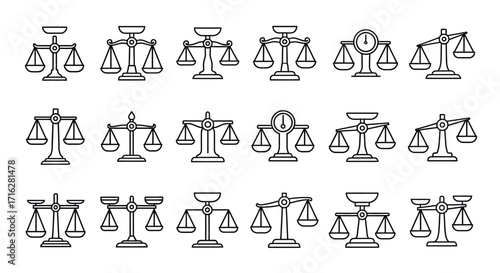 Collection of hand drawn scales of justice symbol icons for legal and business concepts vector