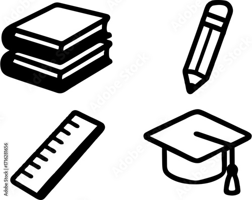 Education Icons: Books, Pencil, Ruler, Graduation Cap