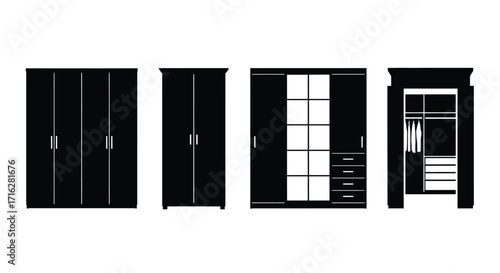 Modern black wardrobe designs with sliding doors and open closets for bedroom furniture collection vector