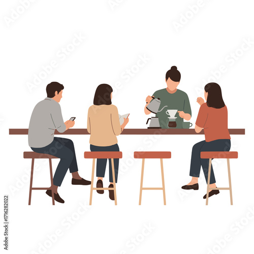 People enjoying coffee at a cafe, with a barista preparing drinks for customers at a counter, creating a relaxed atmosphere