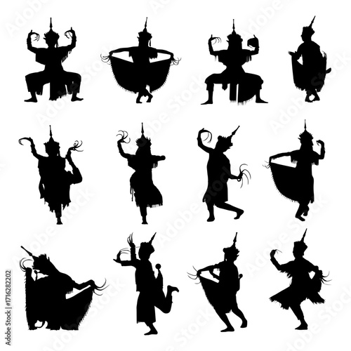 set silhouette of nora, dance drama in southern thailand on a white background, EPS10. Vector illustration
