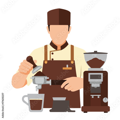 Professional Barista Preparing Coffee with Tamper and Portafilter Illustration