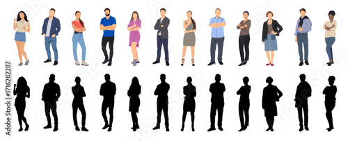 Group of diversity people standing together vector illustration and silhouette.