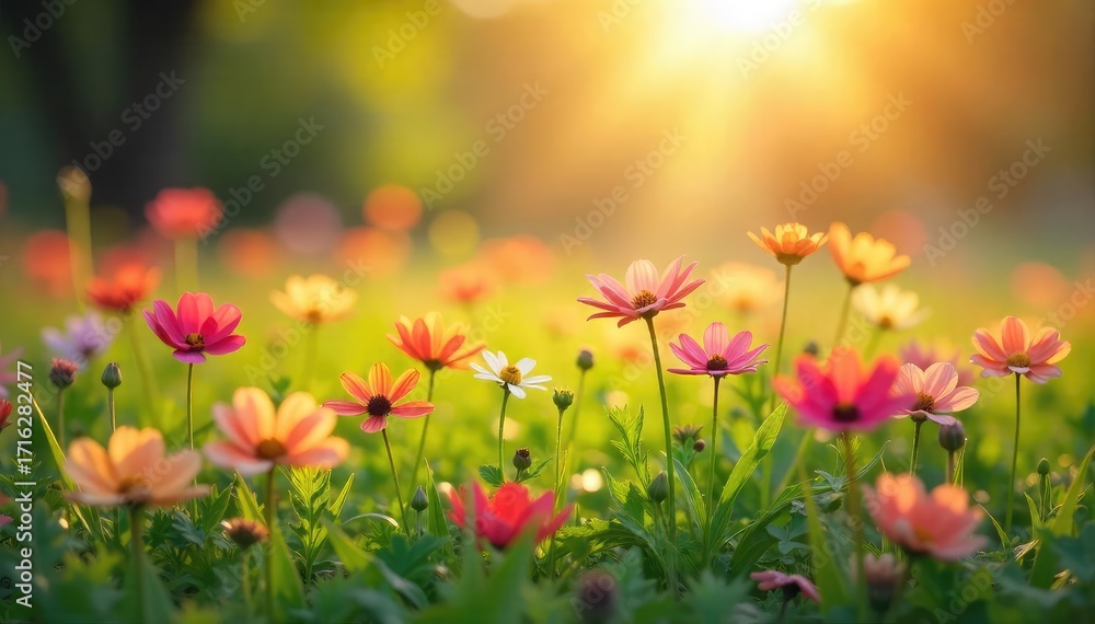 Obraz premium Vibrant wildflowers in a lush meadow bathed in the warm glow of spring sunshine Perfect for themes of renewal, growth, and the beauty of nature's awakening , purple, natural, spring landscape