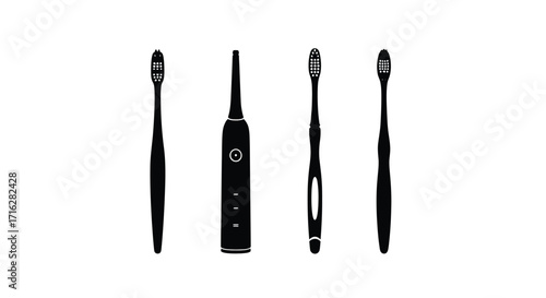 Set of four black toothbrushes and makeup brush variety on vector