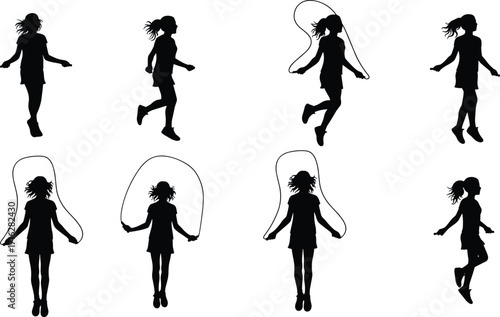 Silhouette girl jumping rope, fitness exercise, healthy lifestyle, child activity, outdoor workout, cardio training, sport fun, active kid skipping rope