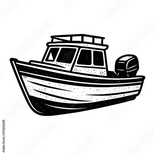 Detailed black and white graphic art of a fishing boat with outboard motor and cabin. Ideal for marine adventures, deep-sea angling, and water exploration, featuring a rugged, vint