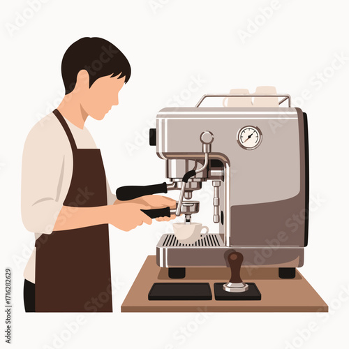 Skilled male barista crafting a fresh espresso using a professional coffee machine, vector illustration