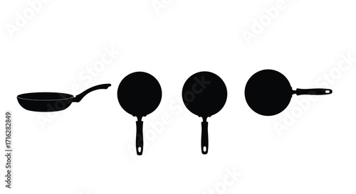Collection of four black frying pans and woks silhouettes various angles isolated on white vector