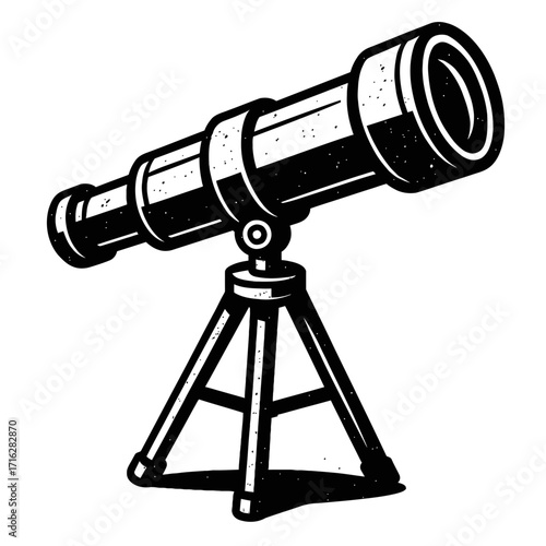 Captivating monochrome vector illustration of a classic refractor telescope on a sturdy tripod stand, perfect for astronomical observations, stargazing, and celestial exploration d