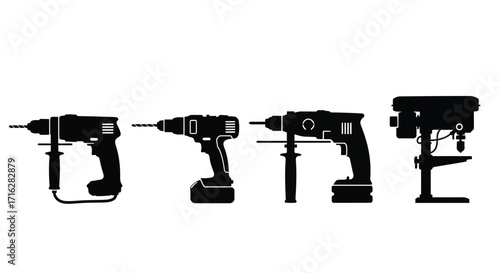 Collection of silhouette power drills and drill press tools for diy and construction projects vector