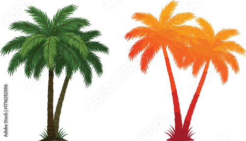 Green palm tree and tropical sunset palm silhouette, summer beach illustration, exotic nature design, holiday vacation background, tropical island art