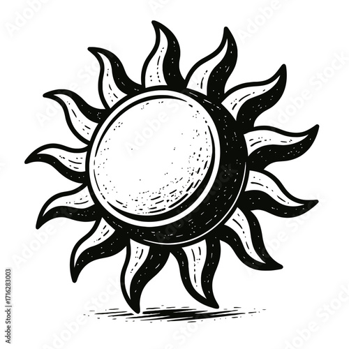 Hand-drawn black and white sun illustration, distressed vintage texture. Radiant celestial symbol with bold circular core and stylized flame-like rays. Ideal for retro, tattoo, gru