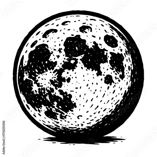 Black and white full moon illustration, featuring detailed craters and dark lunar maria, rendered in a vintage woodcut style. Capturing celestial beauty and cosmic mystery with a t