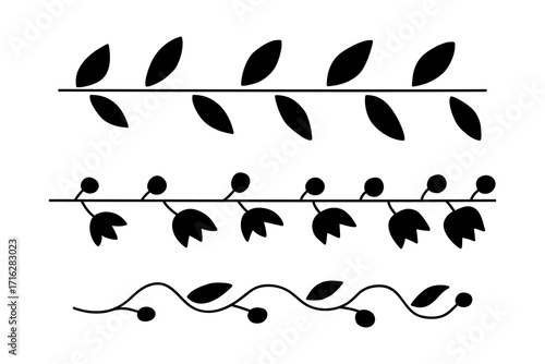 Black silhouettes of branches with leaves and flowers isolated on a white background. Hand drawn set. Floral border, template for decor. Doodle plants.