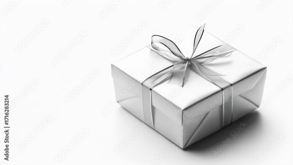 Obraz premium Silver gift box with ribbon and bow