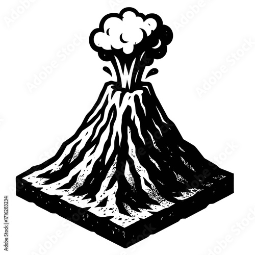 Striking black and white woodcut style illustration of an active volcano in powerful eruption, spewing dense ash clouds and steam, a dramatic depiction of Earth's raw geological fo