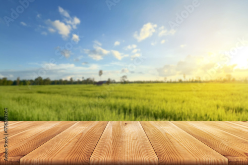 Wooden Table with Blurred Green Field and Bright Blue Sky Background