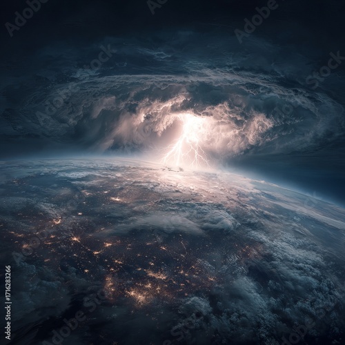 Celestial Fury: A mesmerizing view from space showcasing a colossal storm, showcasing the raw, untamed power of nature above the cityscape lights below.