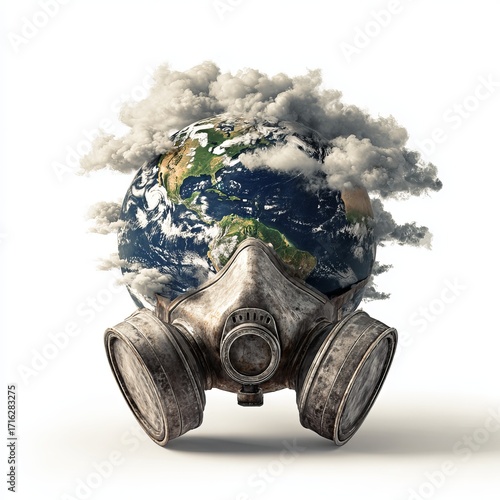 Environmental Crisis: A visual representation of the environmental crisis, a gas mask on a planet, encircled by smoke symbolizing pollution, underscores the urgency of environmental concerns.