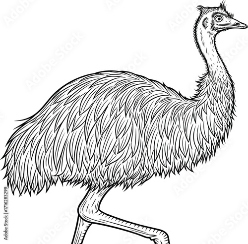 Detailed emu line drawing on a plain background, wildlife animal