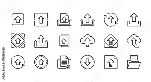 Collection of upload and download icons representing file transfer and data cloud storage vector