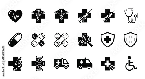 Collection of medical healthcare icons including heart stethoscope ambulance pill shield and cross symbols vector