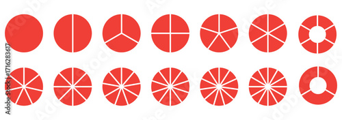 Segments of circle with 1 to 15 pieces. Info graphic icons circles set divided radius in black and white color vector image. Divided circle sections, Black round diagram. Divided circle sections.