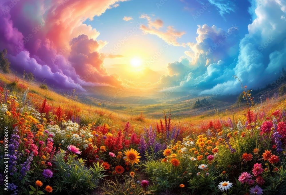 Fototapeta premium Radiant field of flowers, vibrant clouds