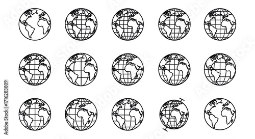 Collection of stylized globe icons representing global reach and connectivity vector
