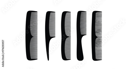 Five black combs arranged in a row for hair styling and grooming needs vector