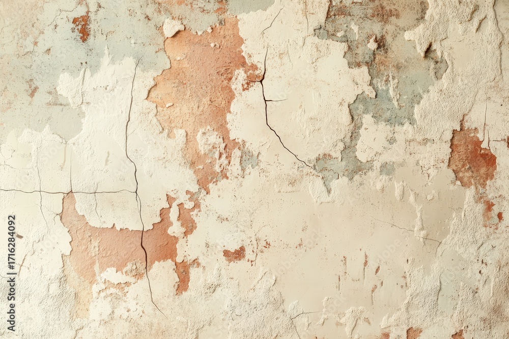 Obraz premium Aged plaster wall with peeling paint and deep cracks displays a textured surface of beige, tan, and rust tones.
