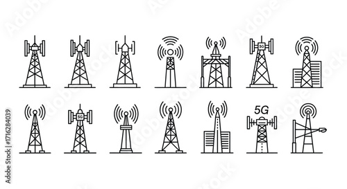 Set of communication towers and antennas stylized as line art icons for technology and network concepts vector