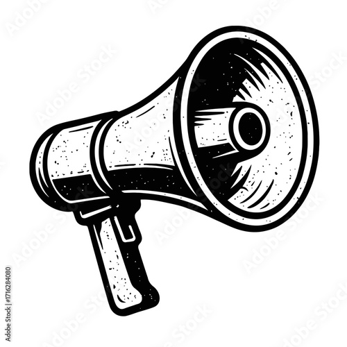 Dynamic Vintage Megaphone Illustration: A stylized black and white retro loudspeaker graphic with distressed texture, perfect for impactful announcements, protests, communication,